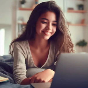 Mujer adolescente disfrutando de su velocidad de internet