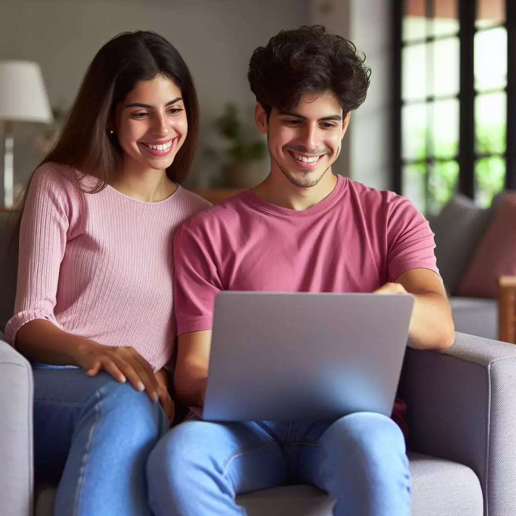Una pareja de adolescentes disfrutando el internet de fibra óptica ultraveloz
